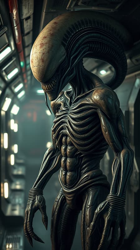 Masterpiece creepy alien creature with unique alien skin and attire, set in a damp, steamy, and intricately detailed spaceship corridor, sci-fi ambiance, flickering halogen lights, muted dark hues, high dynamic range, aggressive stance, sultry allure, full body depiction, flawless facial structure, intricately detailed face, immaculate physique, alien markings, scars, smudged and oil-slicked skin, complex detailing, highly textured body and skin, reflective surfaces, wet, glistening skin with dripping moisture, inspired by The Alien film franchise, photorealistic hyperrealism, analog aesthetics, 8K UHD, RAW imaging, octane rendering, concept art style, professional color grading, muted LUT inspired by HR Giger, with artistic influences from Aaron Horkey and Jeremy Mann, incorporating elements of distorted torsos, amalgamated and surreal forms, unsettling anatomy, mutated and bizarre features, and a discomforting, eerie presence.