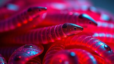 Realistic knolling macro photo by NatGeo featuring an array of iridescent flat worms, shimmering with mystical sparks, in a kitschy yet sophisticated composition under studio lighting, utilizing a vivid palette inspired by Eva 02 with vibrant reds, purples, and electric blues, rendered in high-definition 1080p with V-Ray precision.