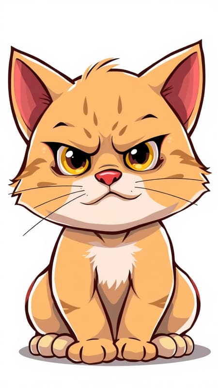 Adorable cartoon cat with an angry expression, glaring directly at the viewer, soft vector style illustration, playful yet slightly mischievous demeanor.