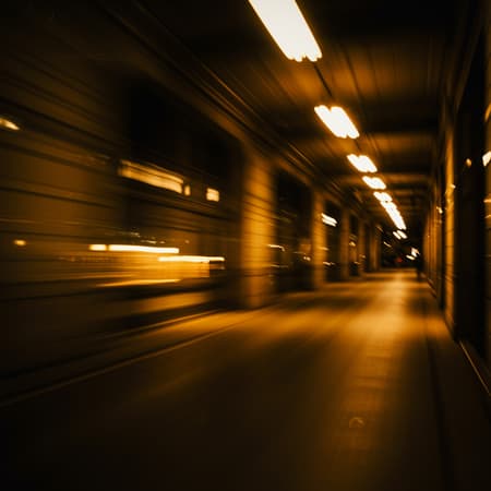 An evocative abstract photograph featuring dramatic motion blur in rich, honeyed amber and luminous gold tones, sweeping across a shadowy, atmospheric urban interior. The image boasts a nostalgic, grainy film texture, punctuated by gentle glows and deep, enigmatic shadows. The composition captures dynamic light trails, invoking a transient sense of opulence and creative spontaneity, reminiscent of vintage photography intertwined with contemporary editorial flair.