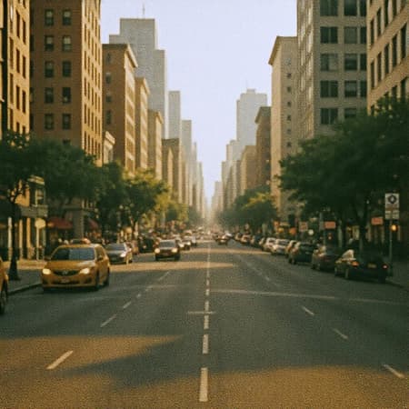Urban scene captured on film, vibrant city streets bathed in warm daylight, subtle grain adding character, capturing the hustle and bustle with a timeless, nostalgic feel.