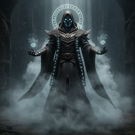 A photorealistic character design of a void arcanist surrounded by swirling mist, rendered with hyper detailed precision using octane render and unreal engine. The character is enveloped in volumetric lighting that casts ethereal glows and shadows, enhancing the mystique of their presence. Their attire, a seamless blend of dark robes interwoven with shimmering arcane symbols, exudes an aura of ancient wisdom. The scene is captured in high dynamic range, with intricate textures and a 9:16 aspect ratio, emphasizing the character's commanding presence within a mysterious, otherworldly atmosphere.