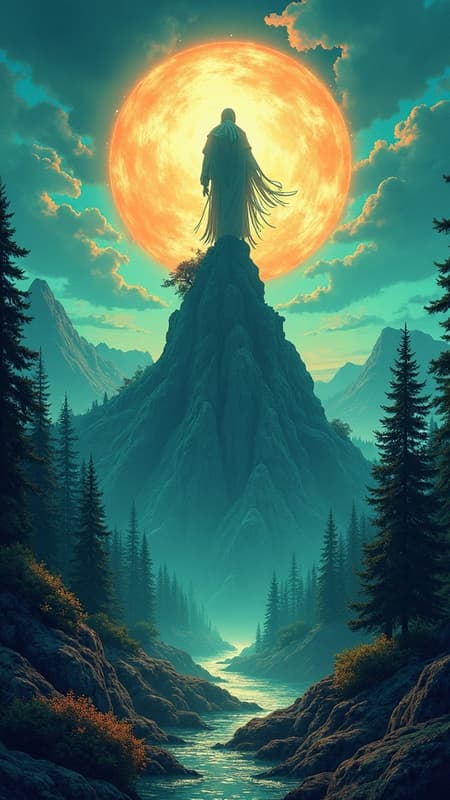 A towering figure encapsulated in a radiant circle floats above a majestic tree, set against a backdrop of vibrant fantasy landscapes. The scene is awash in shades of teal and bronze, with an electrifying energy. The wilderness is sublime, evoking a sense of awe and adventure, akin to an epic hiking journey. This mesmerizing illustration, styled in dynamic poster art, captures the breathtaking beauty of nature infused with magic.