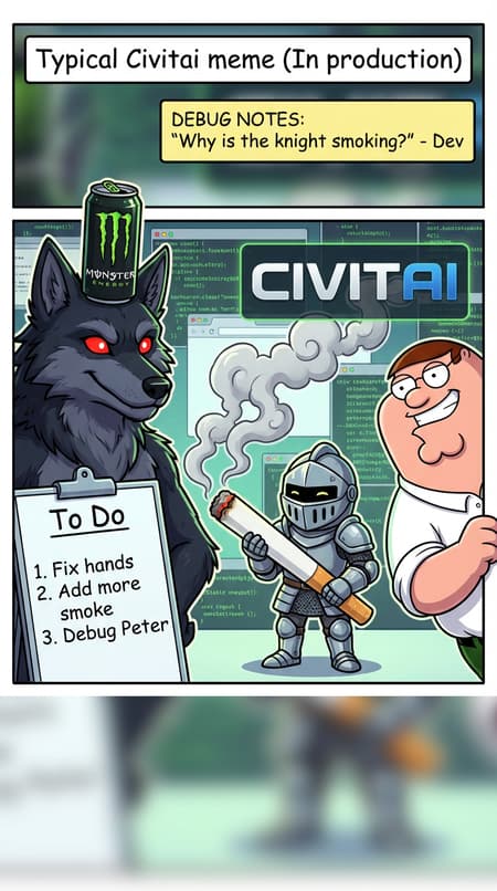 Comic-style meme featuring a dark-furred anthropomorphic wolf character with red eyes and a Monster Energy can on its head, standing next to a checklist. Peter Griffin from Family Guy is on the right, partially visible. A small knight in full armor holding a giant lit cigarette stands between them, emitting smoke. The background includes elements of a digital interface and code, with "CIVITAI" visible. The overall mood is humorous and self-referential, with a slightly cluttered composition. Bright, cartoonish colors with strong outlines. Text overlays include a "To Do" list, "debug" notes, and a title "Typical Civitai meme (In production)." Studio lighting with soft shadows.