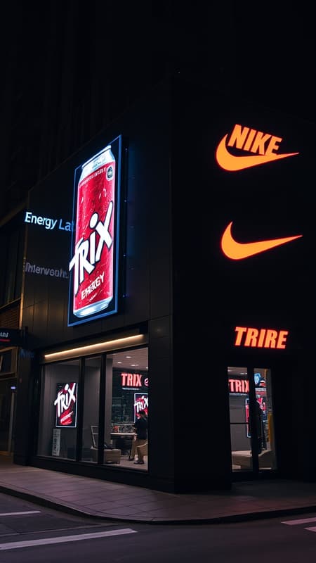 An energy drink poster on the black neon building outside the Nike showroom at night Our can says "TRIX" ENERGY