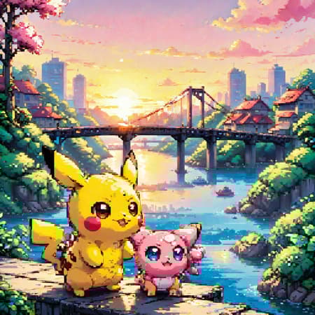 Pokemons Pikachu and Jigglypuff on the edge of a bridge overlooking the water and setting sun romantic beautiful light