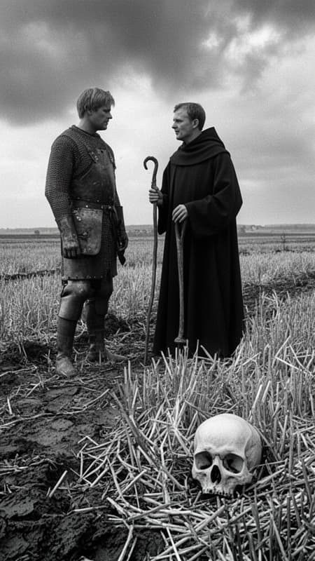 Black and white still from a classic historical drama film, resembling Ingmar Bergman's "The Seventh Seal." A knight in worn chainmail armor stands beside a monk in a dark habit holding a staff, both looking towards each other in a desolate, muddy field of harvested wheat. In the foreground, a prominent human skull lies on the ground amongst the wheat stalks, slightly to the right. Overcast, dramatic sky with heavy clouds. High contrast, grainy film photography, somber and philosophical mood. Full shot, wide angle.