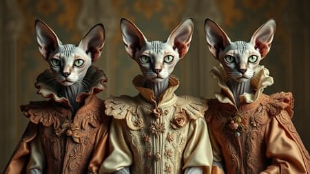 Three regal hairless sphinx cats posed majestically, adorned in intricate and sumptuous costumes reminiscent of Tim Walker's whimsical fantasy, blending the avant-garde elegance of Sacha Goldberger with dark, ethereal touches inspired by Nicola Samori. Each feline is draped in opulent fabrics with detailed embroidery, layers of lace, and rich textures, creating an aura of dramatic storytelling and surreal elegance.