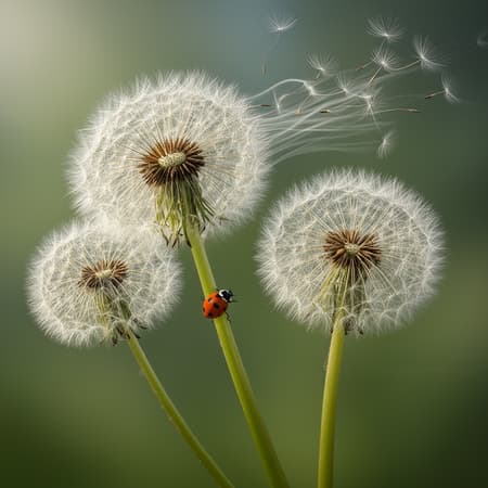 a high quality digital image of a few intricately detailed dandelions in the seed or blowball stage, the image captures the wind catching them and pulling a few intricately detailed seeds out, a small intricately detailed ladybug is climbing up one of the stalks