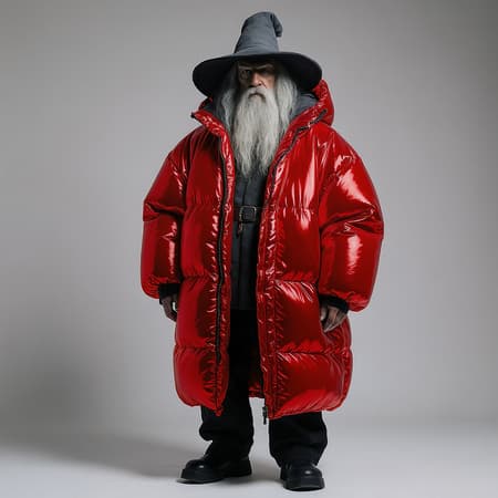 Well-lit fashion portrait featuring Gandalf in a striking metallic red inflatable oversized jacket designed by Yeezy and Balenciaga. The image boasts sharp focus, with intricate, cinematic glamour and symmetrical composition under soft, indirect lighting. The scene exudes a Vogue editorial vibe, capturing a full-body view with artistic flair. The portrayal is marked by vivid detail and clear textures, avoiding any low-resolution artifacts or distortions, embracing a sense of timeless style and wizardly sophistication. The overall aesthetic maintains elegance and originality, with an emphasis on the surreal intersection of classic fantasy and avant-garde fashion.