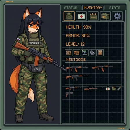 Pixel Art Fox Girl Game Character Screen Anime style character screen from a video game, featuring a full-body anthropomorphic fox girl with black hair and orange fur, dressed in camouflage and a tactical vest, holding an AK-74H assault rifle. The character is positioned on the left side of the screen, with a digital inventory and stat display on the right. The background is a dark grid pattern. Lighting is flat and even, typical of a UI display. The mood is functional and game-like. Colors are dominated by greens, browns, and grays, with bright orange accents on the fox's fur. Notable details include the Russian text "СТРАХА НЕТ" (NO FEAR) on her vest, a fanny pack with a Norse symbol, and various weapon and item icons in the inventory. Full screen display, detailed UI elements.
