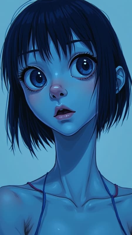 Perfect Blue Portrayed Art Perfect blue portrayed with artistic mastery, cel animation, rich colors, 16K, UHD, HDR, featuring duplication, distorted, mutated forms, with deformed and cloned facial features, crossed eyes, unattractive eyes, asymmetrical eyes, elongated neck, additional fingers, altered hands, blended elements, and abstract forms, avoiding low resolution, out of frame, blurry aspects, compression artifacts, absence of watermarks, logos, letters, usernames, text, cropped visuals, cartoonish splits, or poorly rendered images.