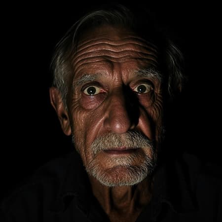 A highly detailed image of a weary old man with deep lines and wrinkles etched into his skin, set against a shadowy black backdrop. His eyes are heavy with fatigue yet sparkle with a kind of ancient wisdom, storytelling a life filled with countless experiences. A slight smile tugs at the corners of his mouth, suggesting resilience and a quiet strength. The play of light and shadow across his face highlights every contour and crevice, offering a portrait that is both intimate and profound, evoking a deep sense of time's passage. A highly detailed image of a weary old man with deep lines and wrinkles etched into his skin, set against a shadowy black backdrop. His eyes are heavy with fatigue yet sparkle with a kind of ancient wisdom, storytelling a life filled with countless experiences. A slight smile tugs at the corners of his mouth, suggesting resilience and a quiet strength. The play of light and shadow across his face highlights every contour and crevice, offering a portrait that is both intimate and profound, evoking a deep sense of time's passage.