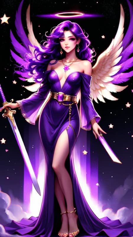 They say that purple stars don't exist in space, or that we can't see the light they emit...but they do, and there is an Angel that resides over them. She is a beautiful Angel with huge wings with Violet, purple, magenta, amethyst, lilac and magenta wings. She appears as a feminine Caucasian woman-- tall, statuesque, strong, slender but athletic. Her hair is black with streaks of purple throughout, swept back on one side, curly Bangs swept to one side with long loose curls falling over her shoulders. Her eyes are bright Violet and shine like jewels, her lips magenta, her face modelesque and pretty.  There is a glowing bright Violet halo over her head. She wears a shiny metallic long sleeved off the shoulder gown, the sleeves lacey and delicate. She wears a gold necklace around her neck with an amethyst stone pendant. Gold bracelets on her wrists, and a metallic gold belt with amethyst stones around her waist. The bottom part of her gown is flowing gently, she wears golden high heeled sandals on her feet. She stands on the edge of a galaxy, and there are purple stars where she resides. She carries a golden jeweled sword that vanquishes evil and darkness. She is God's Angel of mystery and all things unkown. Full body pose. They say that purple stars don't exist, but SHE DOES... 