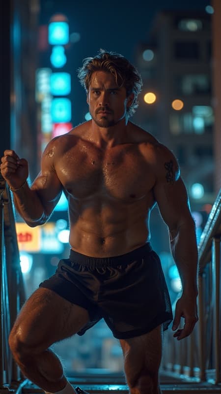 I had a dream... 
There's this really hot guy that likes to go jogging at night. He's young and masculine, and usually wears a pair of very short running shorts, black mesh and translucent with a 3 inch inseam. He's very fit and he always goes shirtless. When he gets back from his run, he goes to the fire escape by his apartment and just stands out there, the neon signs in the city reflecting off his sweaty body, the air cooling him off. A couple times he caught me looking at him-- he says nothing, but smiles back and stretches so that I can see more of him: the Sweat running down his face and chest, the dampness of his armpits, the strength of his long sinewy legs, the bulge in his groin, his bright blue eyes looking back at me. I know that one night soon I'm going to join him on that fire escape and examine him more closely... 
{{{ Caucasian masculine male, light brown hair wavy fade hairstyle, short on sides and back, longer on top. Black bandana tied around his forehead, strong brow and jaw, sparkly blue eyes. Muscular sinewy body, wide back, broad chest, wide shoulders, narrow waist, runners build, strong powerful legs. Sheer black mesh running shorts, very brief. Black running shoes, short white socks. Sweaty body, neon lights reflecting off his skin. Slightly hairy legs and arms, a little hair on his chest. Full body pose, stretching and flexing on fire escape.}}}  {{{MASTERPIECE}}} 