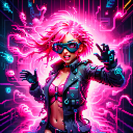 (swat man), (pixel art), detailed, torso, gloves, mask, goggles, action pose, trench coat, pink, surreal, strange, (full body sexy gamer girl with pink hair photo), vaporwave neon theme, woman, portrait, smile, laugh, open mouth, (upper body, bust shot, looking away:1.1), neon hair