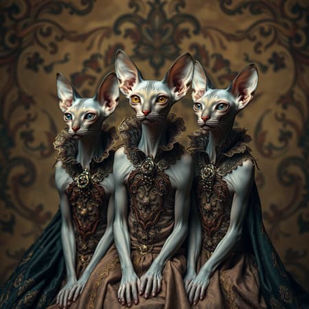 Three hairless sphinx cats poised elegantly, adorned in opulent, fantastical costumes reminiscent of Tim Walker's whimsical style, infused with the imaginative flair of Sacha Goldberger, and subtly accented with the dark, evocative touch of Nicola Samori. The scene is a striking blend of surreal and baroque elements, with intricate textures and rich, moody colors, creating an atmosphere of otherworldly elegance and artistic depth.