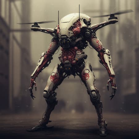 Futuristic sci-fi drone robot MACHINE BUMPER with a whole body design, featuring cinematic and intense elements. This creation is inspired by the fusion of HDR effects with a focus on dramatic cinematic composition and mood-setting lighting. The robot presents a uniquely mutated form, exhibiting distorted and deformed features that blur the line between machine and organism. Its anatomy is intentionally disfigured and bizarre, invoking an abstract Baroque and Manet-like influence while maintaining a cartoonish and sketch-like appearance. The robot stands as a grotesque and intriguing figure, surrounded by an atmosphere of chaos and blurred details, embodying a fusion of art styles and mechanical fantasy.