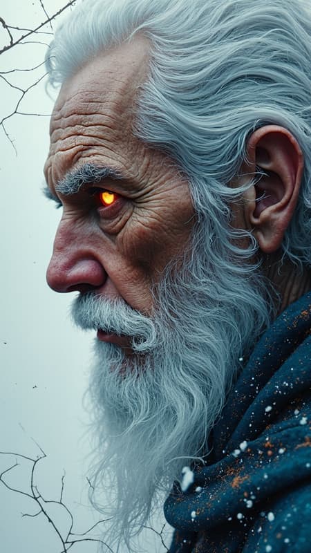 Retro-futuristic, Art Nouveau, Cyberpunk, double exposure. Two interconnected subjects in one artwork. Detailed splatter digital painting, line art, acrylic, dynamic on a cracked surface, close-up. Cyberdemonic aged male with white hair reminiscent of Santa, alongside a Snow Maiden, intricately depicted with a demonic visage, dynamic posture, and light-shadow interaction on faces. Sharp, glowing eyes, inspired by James Jean, Craola, Andy Kehoe, Dorian Vallejo, Damian Lechoszest, Todd Lockwood, DamShelma. Stained glass and storybook illustration elements, with unusual beautiful details. Masterpiece of tiny, elaborate details, high quality, intricate lighting, and luminism. Long neck, expressive faces, toy and sculpture-like quality, stained glass aesthetic, unique details, avoiding distortion or poor execution, ensuring artistic integrity and high-resolution, clear image quality.