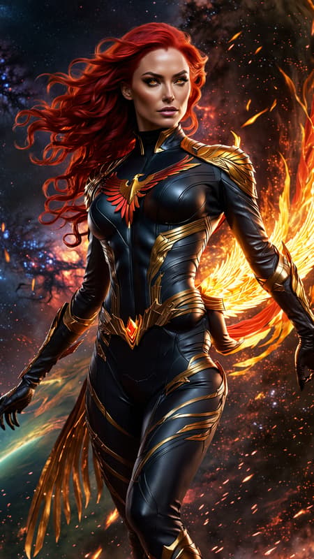 Phoenix/Jean Grey in her Phoenix costume, but it's black with metallic gold, a fiery falcon symbol on the front of her costume,  the sash around her waist blowing in the cosmic winds. She is surrounded by her fiery Phoenix raptor/falcon aura. Her eyes are lit up like stars. Her hair is beautiful red flames. Full body pose. She is in space, on the edge of a galaxy. 