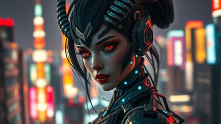 A female cyborg demon set against the neon-lit Tokyo skyline, featuring a bokeh effect. She is centered, showcasing intricate, highly detailed features that radiate breathtaking beauty. The scene is vibrant and captured in a comprehensive cinematic style, resembling an 8k resolution. Inspired by artgerm's signature style, the representation maintains elegance with subtle futuristic elements.