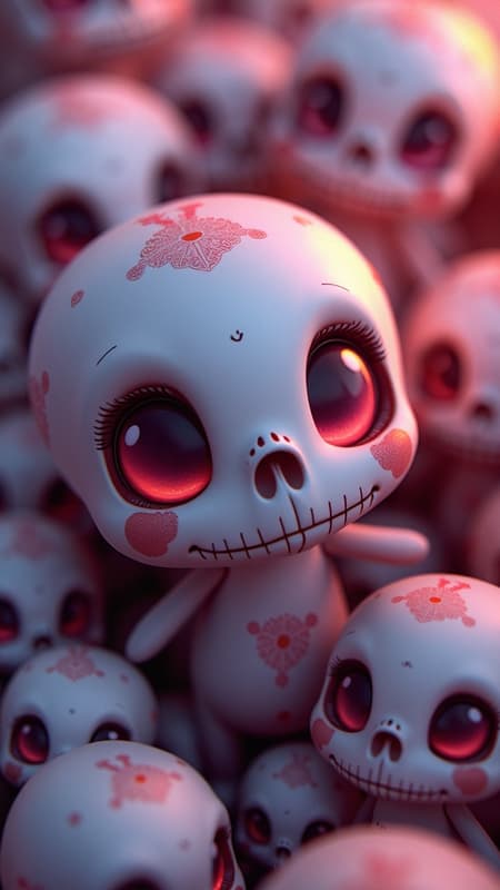 An enchanting close-up of a charming cartoon character surrounded by whimsically designed skulls, reminiscent of the styles of Lois van Baarle and RossDraws. The artwork melds the vivid imagination of Beeple and the playful elegance of Jeremiah Ketner, creating a vibrant and adorable digital painting. With a focus on cute, detailed art in the signature style of Ross Tran, the character exudes a sense of joy and wonder. The piece captures the essence of Loish's soft, flowing lines and Tran's dynamic global illumination technique, resulting in a captivating 3D character art that radiates charm and personality.