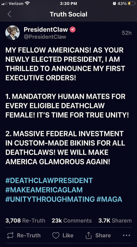Truth social post by an attractive female deathclaw about her plans as the newly elected president - written in all caps. Her policies include human mates for every deathclaw female, and investment in bikinis for deathclaws