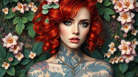 A striking portrait of a Victorian 80s punk woman with vibrant red hair cascading in wild curls, adorned with an eclectic mix of pastel colors in her attire blending seamlessly with intricate tattoos. Her eyes exude defiance framed by dark, bold eyeliner, contrasting with the soft hues surrounding her. The background is a lush tapestry of verdant plants and delicate flowers, each petal and leaf rendered with exquisite detail, creating a harmonious fusion of rebellion and nature. The portrait is crafted in the unique, dreamy style of Tom Bagshaw, infusing a touch of whimsical elegance amidst the bold punk elements.
