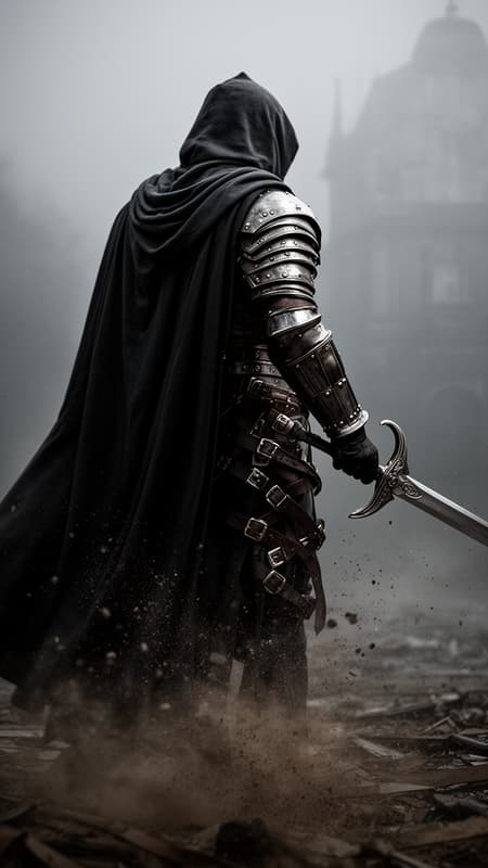 YFG-SoaresUltra-detailed, cinematic photograph of a person wearing a dark, hooded cloak and armor, standing in a dark and eerie environment. The person is facing away from the viewer, with their body slightly turned to the right. The cloak is draped over their shoulders and arms, and the armor is intricately detailed with rivets, buckles, and straps. The armor appears to be made of metal and has a shiny finish. They are also adorned with straps and buckles that wrap around their body.  The person is holding a large, ornate sword in their right hand, with the blade pointing towards the right side of A cinematic scene. The sword has a curved handle and a sharp, pointed blade. The background is a foggy, misty landscape with a hint of a building or structure visible in the distance. The ground is covered in debris and splatters of dust and debris, creating a chaotic and disorganized atmosphere. The overall mood of this image is dark and foreboding, conveying a sense of power and strength. High fidelity, realistic texture, ultra detail, cinematic tone mapping.  <lora:YFG-Soares-Flux2-Klein-v1-1_5k:1>