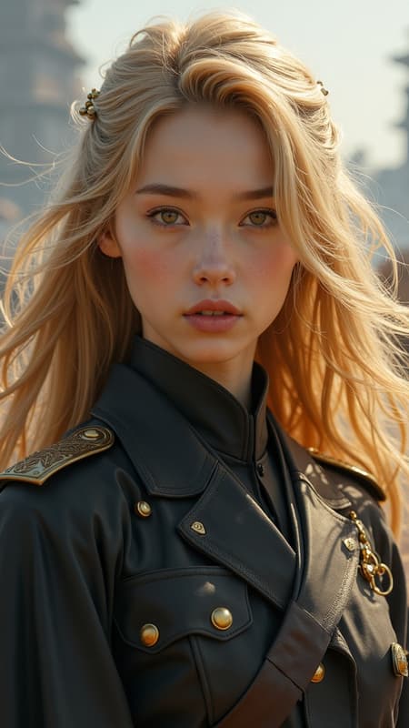 Oil painting, Japanese influence, dramatic battlefield setting, concept art, full body illustration, centerpiece of action, young woman in military attire, long, flowing golden hair, symmetrical and flawless visage, intricate details, gentle expression, intense lighting, blurred background effect, pixiv style, stunning 4k artwork, masterful creation.