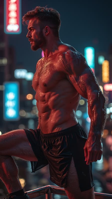 I had a dream... 
There's this really hot guy that goes jogging at night. He's young and masculine, and wears a pair of black mesh translucent running shorts, split on the sides with a 3 inch inseam. He's very fit and always goes shirtless. When he gets back from his run, he goes to the fire escape by his apartment and just stands out there, the neon signs in the city reflecting off his sweaty body, the air cooling him off. A couple times he caught me looking at him-- he says nothing, but smiles back and stretches so that I can see more of his body, arms up and armpits damp with sweat, perspiration running down his face and chest, the strength of his long sinewy legs, the bulge in his groin, his shorts barely containing his flaccid girth. His bright blue eyes looking back at me. I know that one night soon I'm going to join him on that fire escape and examine him more closely... 
{{{ Caucasian masculine male, light brown hair wavy fade hairstyle, short on sides and back, longer on top. Black bandana tied around his forehead, strong brow and jaw, sparkly blue eyes. Muscular sinewy body, wide back, broad chest, wide shoulders, narrow waist, gymnast build , strong powerful legs. Sheer black mesh running shorts, very brief and somewhat revealing. Black running shoes, short white socks. Profusely sweaty body, neon lights reflecting off his skin. Slightly hairy legs and arms, a little hair on his chest. Full body pose, stretching and flexing on fire escape, arms up and sweat running down his armpits.}}}  {{{MASTERPIECE}}} 
      