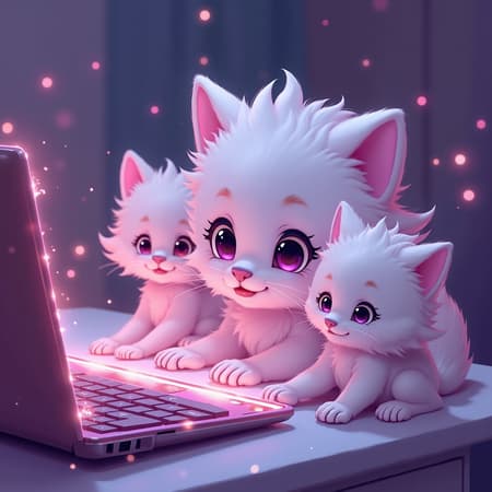Fluffy White Kittens Watching Glowing Laptop a squad of ridiculously fluffy pastel kittens lounging like royalty on glowing keyboards, giggling as they scroll through an over-the-top art website called BasedLabs AI that is full of dramatic furry wolf warriors and neon fox mages, playfully poking fun at the intense poses by attempting their own ‘epic’ versions (which just look adorably clumsy), soft sparkles everywhere, cozy chaotic energy, wholesome mischief, ultra-cute expressions, warm lighting, anime-inspired style