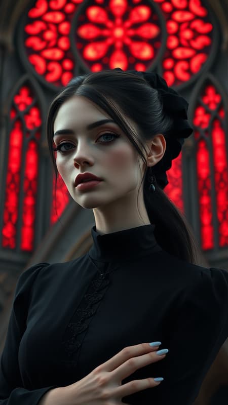 Gothic girl in elegant black attire, flawless face, macro head shot, with a grand gothic cathedral as the backdrop, perfect photograph, seamless details, cathedral windows glowing with fiery red reflections, intricate delicate mandala patterns, 8k, UHD, HDR, Model: Dark Sushi 2.5D, enhanced realism, ethereal ambiance, captivating expression, elongated neck, delicate fingers, stunning composition, soft focus on edges, pure vivid imagery, high resolution, crystal clear, immersing atmosphere, devoid of distortions, pure art devoid of distractions.
