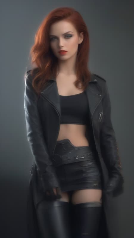 young woman, female. Heavy Metal biker Chick,  also super-hero.  Long, wild flaming red hair swept back on one side. Jade green eyes, Ruby red lips. Pretty, model girl, athletic, tall, busty. Black leather jacket, studded leather bracelets on arms. Black leather mini-skirt, studded leather belt. Long legs, thigh high stiletto-heeled black leather boots.  Red energy/fire from right hand/fist, blue energy/fire from left hand/fist.  Full body pose. She always has a Harley motorcycle somewhere close by, high powered and lights on. 