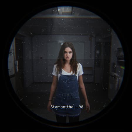 RPG scene captured through an outdated CCTV camera, exhibiting a slightly fish-eye lens distortion. The camera's timestamp flickers alongside sporadic static lines, enhancing the grainy, textured quality of the footage. Samantha, a captivating and detailed 18-year-old, stands at the heart of the frame, her movements slightly blurred yet mesmerizing within the low-resolution footage. Her presence is marked by the peculiar charm of imperfect technology, each pixel contributing to the mystique of this retro-inspired narrative moment.