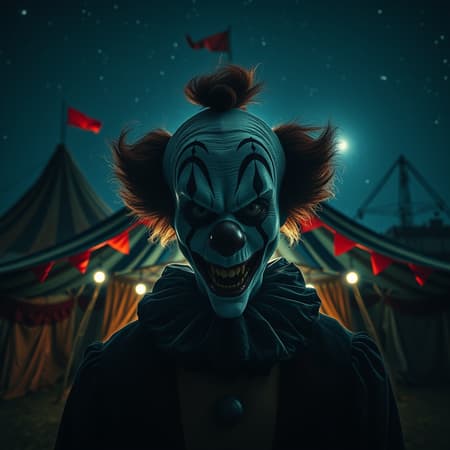 A menacing clown with sinister eyes stands ominously in front of an old, weathered circus tent, illuminated by the eerie glow of carnival lights against the backdrop of a starless night sky. The scene is captured in high resolution, with a cinematic angle that highlights the sharp features of the clown's painted face and the ominous shadows cast by the dynamic backlighting, creating a hauntingly realistic photograph that draws the viewer into its unsettling atmosphere. A menacing clown with sinister eyes stands ominously in front of an old, weathered circus tent, illuminated by the eerie glow of carnival lights against the backdrop of a starless night sky. The scene is captured in high resolution, with a cinematic angle that highlights the sharp features of the clown's painted face and the ominous shadows cast by the dynamic backlighting, creating a hauntingly realistic photograph that draws the viewer into its unsettling atmosphere.