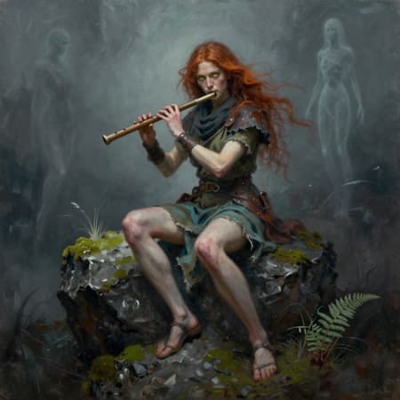 The palette is dominated by dark tones. The texture is pronounced, with brushstrokes and traces of paint visible, imitating the process of painting using multi-layered tones. The composition is centered around the figures, and the background flows smoothly in color and tone. The style is abstract, almost sculptural. The style is abstract, almost sculptural. Free, gestural brushstrokes create a sense of movement and action. The muted color palette includes subtle variations in tone. The sense of depth is achieved through different densities of brushstrokes. The light source is diffused, giving the image a slightly cool and mysterious shade. The style of painting is reminiscent of abstract realism and expressionism.  Soft shadows that reflect every detail and add volume to the scene.

A sensual  young Caucasian woman with long, windswept ginger hair and striking intense yellow eyes is seated on a rocky outcrop, playing a wooden flute. She wears a layered outfit of weathered leather and roughspun fabric: a muted olive-green tunic with darker blue accents, a thick scarf around her neck, and dark leather bracers on her forearms. Her lower body is clad in a short, faded teal skirt that falls above her knees, revealing her legs, and she wears simple leather sandals on her feet. She sits with her legs wide apart in a relaxed, grounded posture, yet her upper body is focused and slightly angled as she plays. 

The environment is a desolate, foggy landscape with sharp, dark grey rocks forming the immediate terrain. Patches of vibrant green moss cling to the crevices of the stones, and tufts of pale, sickly grass and hardy ferns sprout from cracks in the rock, adding small touches of life to the otherwise barren scene. In the misty background, several ethereal, translucent figures resembling humanoids float or drift, creating an unsettling and supernatural atmosphere.

The lighting is dim and diffused, casting soft shadows and emphasizing the gloomy mood. The color palette is dominated by muted greens, blues, grays, and browns, punctuated by the woman's striking yellow eyes and the subtle emerald and olive tones of the moss and grass. The artistic style evokes dark fantasy illustration, with a focus on dramatic lighting and a palpable sense of foreboding. The composition centers on the flutist, with the ghostly figures providing a spectral counterpoint.