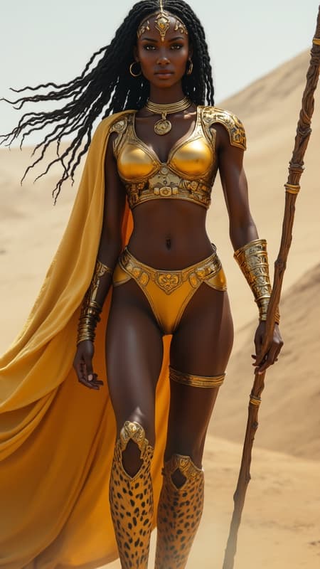 super-hero. female, African woman. Tall, slim but strong and curvy, sinewy. Athletic, warrior, fighter. Beautiful face, high cheekbones, dark brown  skin, smooth and luxurious. Large, dark eyes, black and liquid. Long  black braids that are usually tied back with a golden cord/hair holder. She wears a golden sandy colored bodysuit, the sides cut out of the legs and arms and laced with golden straps. Around her waist is a metallic gold corset and belt, along with small shoulder guards of the same color. There are metallic gold bracers on her arms and a gold metal circlet around her head. Over her shoulder is a short yellow-gold cape with a cheetah print. Her knee-high boots are also yellow-gold with cheetah print. Her boots have very low heels and are made for running across the Serengeti Plains. She runs as fast as a cheetah. She carries a strong, wooden bo staff as a weapon. She carries herself like the African princess that she is, but she is free spirited. Full body pose, fighting stance with bo staff. 