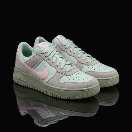 Nike logo integrated in the shoe design, sneakers featuring silicone soles, a palette of pastel colors, captured in a well-lit fashion photoshoot showcasing sneakers crafted by Craig Green. The image is in sharp focus, with a clear, detailed, and cinematic quality that exudes a sense of the future and glamour. A symmetrical, vogue-style editorial with a glossy aesthetic reminiscent of a high-fashion magazine shoot.