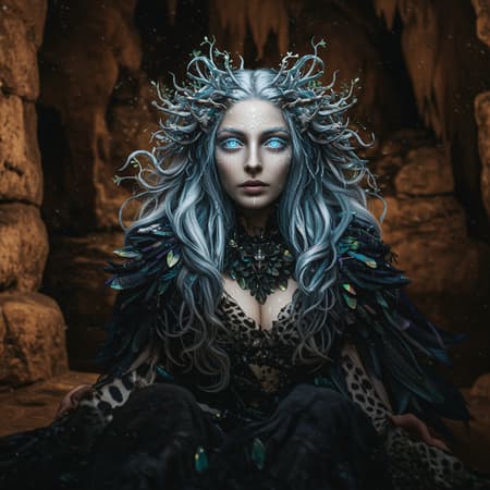 A young woman depicted as a Greek priestess with intricately streaked, two-tone hair resembling flowing plants, giving a cold, ethereal vibe. Set against the backdrop of the historic Nahal Me’arot Caves at Mount Carmel, she embodies a fusion of ancient and cyber fairy grunge aesthetics. Her dazzling ice blue eyes glow with life, accentuated by a smooth gradient effect. She wears an elaborate black animal-themed costume that combines elements of an oil-painted portrait with iridescent details, reminiscent of an artstation illustration. The character's pose is either reclined or delicately balanced on someone's lap, surrounded by a mystical aura. With an emphasis on extreme detail, her appearance boasts both beauty and an otherworldly quality, all captured within a single, cohesive composition.