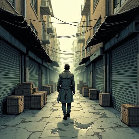 A lone figure in a trench coat, seen from behind, walks away down a narrow, deserted market alley. The composition is a deep perspective with tall, weathered buildings and closed market stalls lining both sides, converging towards a distant, hazy light. The art style is a detailed, gritty comic book illustration with visible ink outlines and flat, muted colors, resembling a graphic novel. Overhead, tattered awnings and tarps are strung across the alley. The lighting is overcast and diffused, creating a somber mood with subtle highlights on wet cobblestones. The atmosphere is melancholic and desolate. Colors are dominated by sepia tones, earthy browns, and muted greys, with hints of desaturated blue. Notable details include stacks of empty wooden crates, closed corrugated metal shutters, and reflective puddles on the uneven cobblestone street.