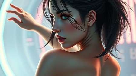 Digital illustration of a stunning neofuturistic woman, depicted from the waist up, with her back partially exposed, featuring mesmerising heterochromia with one eye a vibrant blue and the other a striking green. Styled in the signature artistry of Julia Razumova and Ilya Kuvshinov, she strikes a dynamic pose in mid-action, her movements fluid and captivating. The scene is suffused with soft pastel hues, casting a dreamlike quality over the composition, while interspersed light flares add a dramatic flair. Set against an imaginative and sleek futuristic backdrop, the artwork exudes realism, rendered in ultra-high detail, achieving the status of a true masterpiece, capturing every nuance and intricacy in 8K resolution.