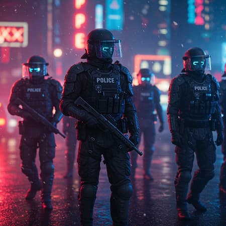 Police patrolling dystopian streets clad in sleek riot gear, neon-lit cyberpunk cityscape backdrop, futuristic helmets with integrated HUD, intricate detail on armor surfaces, vibrant neon reflections glistening in puddles, dynamic lighting accentuating high-tech textures, hyper-realistic and cinematic visuals, 8k resolution, rendered with cutting-edge software, deep depth of field capturing urban intensity, framed in a 9:16 aspect ratio.