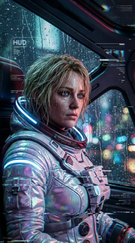 (Masterpiece, best quality, ultra-realistic:1.3), cinematic vertical portrait.
A stunning female astronaut with messy blonde hair and detailed blue eyes sitting inside a dark sci-fi spaceship cockpit. She is looking slightly away with a serious, intense expression.
She is wearing a futuristic iridescent white spacesuit with metallic textures, holographic sheen, and glowing neon collar.
The cockpit is dark, illuminated by red and blue neon lights from the dashboard buttons and holographic HUD displays.
(Heavy rain on the window glass:1.4), water droplets, condensation, wet surface, blurred cyberpunk city lights in the background with bokeh effect.

Art Style & Effects:
(Strong glitch art style:1.4), (datamoshing:1.3), digital artifacts, pixel sorting, screen tearing, chromatic aberration, signal interference, VHS noise overlay, broken data effect, holographic distortion, scanlines.
Unreal engine 5 render, 8k resolution, highly detailed skin texture, sweat, volumetric lighting, sharp focus, ray tracing.