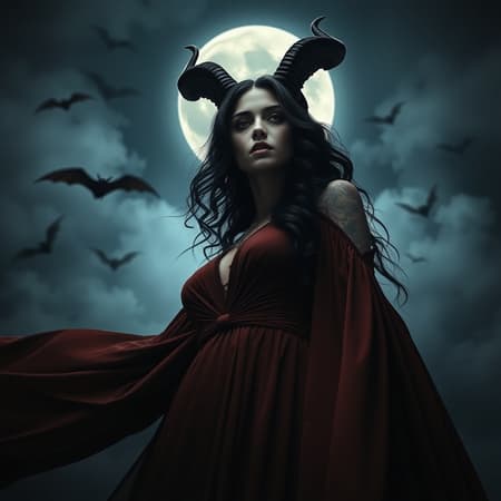A mysterious woman with cascading, obsidian hair and elegant horns stands in a flowing, deep chestnut dress that harmonizes with her dark features and horns. She is set against a shadowy, mist-laden backdrop, where bats flit about, contributing to the haunting ambiance. Her hair, with gentle curls, frames her face, whispering tales of an enigmatic past. The scene is shrouded in dim light, with a luminous, full moon looming behind, enveloping her in a ghostly halo. The perspective is from below, emphasizing her formidable and commanding presence. The scene is rendered in a fantasy art style, showcasing dramatic illumination and vibrant colors. The perspective seems captured through a digital SLR or mirrorless camera equipped with a wide-angle lens, expertly framing the wide, atmospheric background.