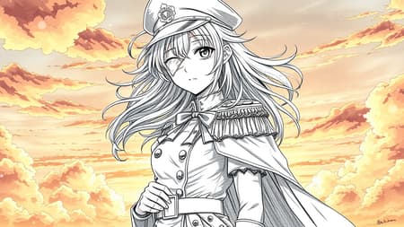 Character standing against a vibrant sunset sky, a graceful figure with disheveled hair that flows freely in the breeze. Her face, exceptionally delicate and beautiful, is framed against the backdrop of clouds, her expression a poignant mix of determination and sadness, accentuated by a bandage over one eye. She stands in a dynamic pose, clad in an intricate military uniform complete with a cape and hat, adorned with lace, ribbons, and stockings that add a touch of elegance to her powerful presence. Light particles dance around her in the fading sunlight, casting a magical glow. Her detailed eyes, alive with emotion and depth, lock onto the viewer. The pencil-like precision of her form, with clear lines etched in black and white, captures every meticulous detail, from the finely-rendered fabric to the delicate contours of her face and hands clad in white gloves. A sense of motion and energy is palpable, as if she is poised to take flight over an unseen battlefield, her story told through each expertly drawn line and shadow. This scene, captured in stunning high-res quality, combines elements of official art and game concept, merging the richness of color with the refinement of traditional illustration, resulting in a truly breathtaking image.