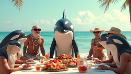 Orca Whale Beach Party Seafood Bbq Hyper-realistic human-like bipedal orca whale wearing vacation attire surrounded by similar styled type creatures at a party on the beach having an all seafood BBQ. -life-like -UHD -16:9 -realistic