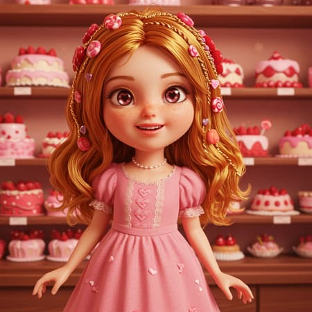 Illustration Day A digital illustration of the Valentine's Day holiday personified as an adorable girl, created in Unreal Engine. She has heart-shaped freckles and eyes that sparkle with warmth and love. She's dressed in a flowing pink dress adorned with delicate lace and tiny embroidered hearts. Her hair is a cascade of gold and rose hues, with small candy-like decorations woven throughout. The scene is a whimsical bakery setting, with shelves lined with artfully decorated cakes and pastries, each crafted with exquisite detail. The art style blends the imaginative charm of Studio Ghibli with the striking detail of Artgerm, enhanced by the vibrant touch of DeviantArt. The focus is sharp, providing clarity to every element, as the vibrant colors and intricate textures come to life, reminiscent of Alexei Vinogradov's signature style.