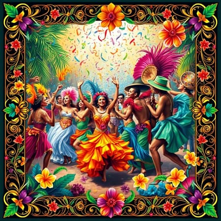 A vibrant tapestry of colors and patterns inspired by the Brazilian Carnival, featuring an exuberant display of dancers and musicians in flamboyant costumes. The background is a riot of confetti and streamers, with tropical flowers and feathers accentuating the lively scene. The composition is framed by intricate decorative borders that echo the rhythm and energy of samba, capturing the essence of joy and celebration in a tall, dynamic format.