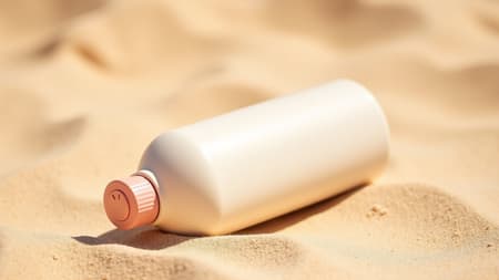 A sleek, modern off-white bottle with a matte finish, resting diagonally on a textured, sunlit sandy backdrop. The bottle showcases a smooth, compact silhouette with a seamless handle incorporated into the cap design. Atop the cap, there's a gentle coral circular press button, accented by a tiny side indicator, offering a stylish yet practical look. Captured in natural light with a shallow depth of field for an inviting, warm product photography vibe.